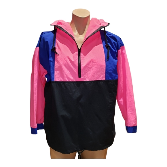 Active Elements Large Nylon Windbreaker Blue/Neon Pink Pullover Vintage - Picture 5 of 8